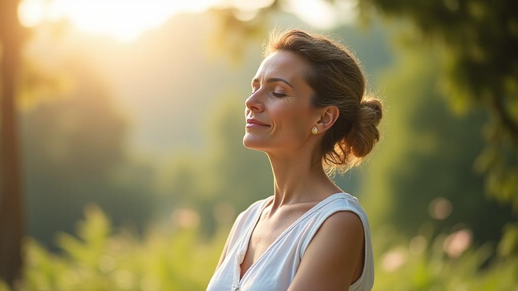 Donna serena che pratica mindfulness in un ambiente naturale e tranquillo.