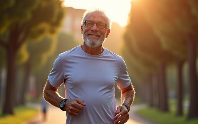 Uomo anziano che cammina vigorosamente in un parco verde, simbolo di attività fisica per gli 35+.