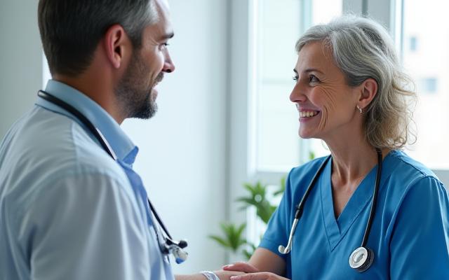 Persona adulta che parla tranquillamente con il medico durante una visita di controllo.