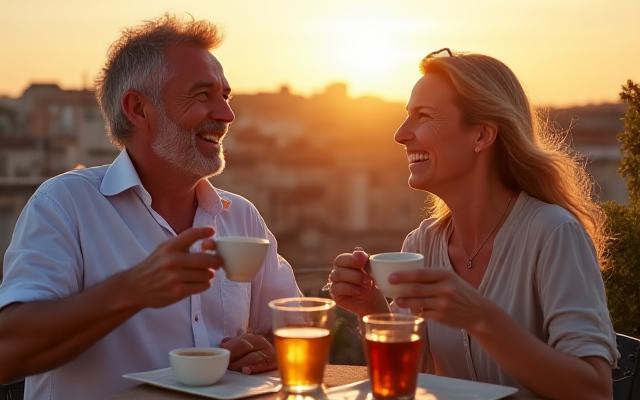 Coppia di mezza età che ride e si diverte su una terrazza soleggiata, simbolo di benessere sociale.
