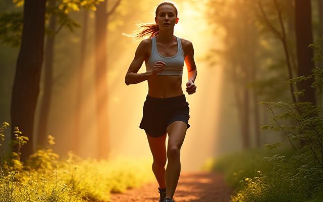Donna che corre serena in una foresta illuminata dal sole, simbolo di esercizio e connessione con la natura.