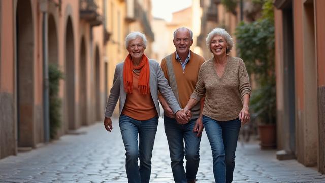 Coppia matura e sana di 40-50 anni che fa una passeggiata nel centro storico di Roma sorridendo