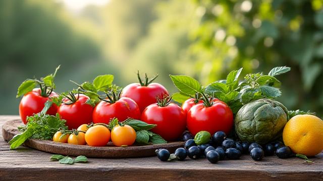 Cesto di prodotti freschi e colorati tipici del Lazio, come carciofi, pomodori e olive, con sfondo rurale