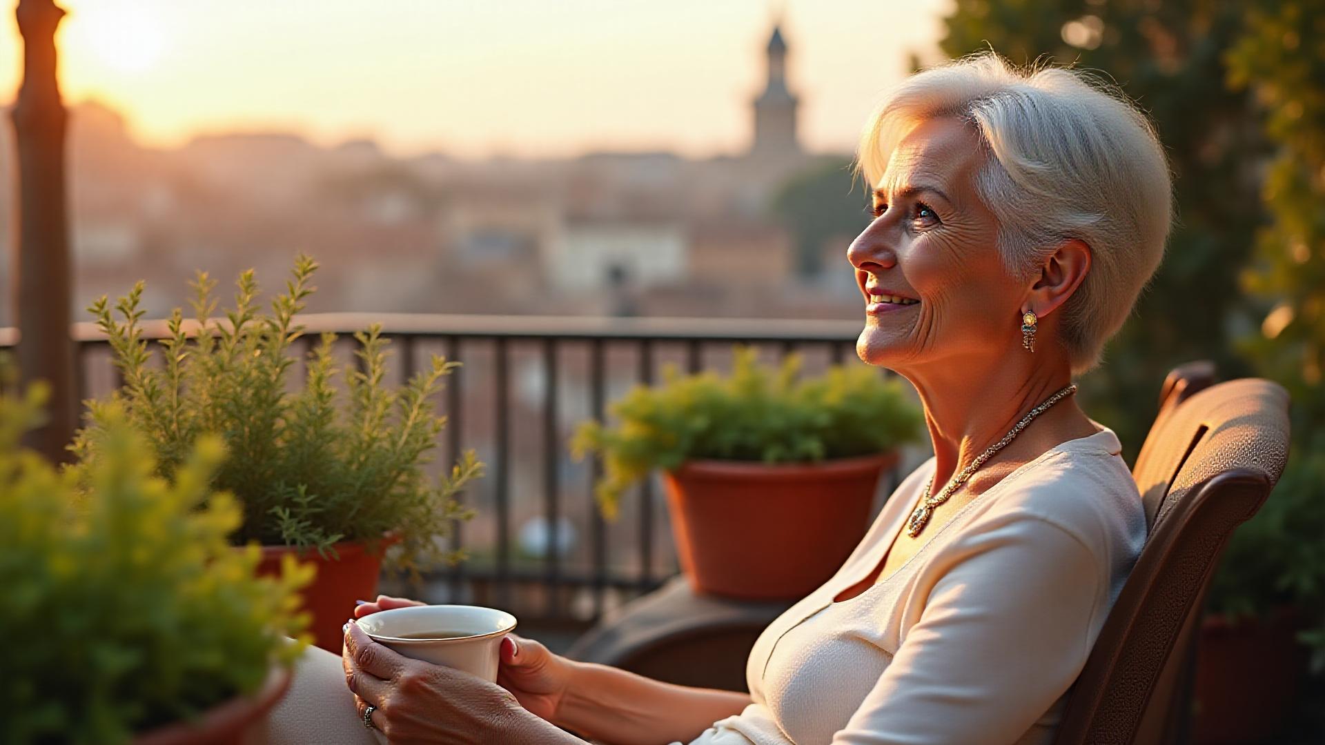 Donna serena di 45 anni che si gode il silenzio su un terrazzo romano con piante verdi che si affaccia sui tetti