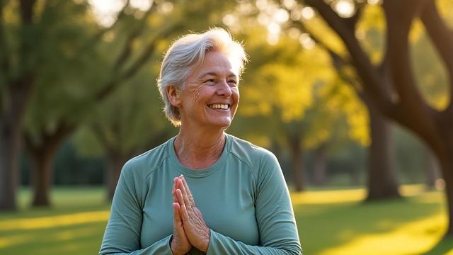 Donna di mezza età sorridente che fa yoga all'aperto in un parco