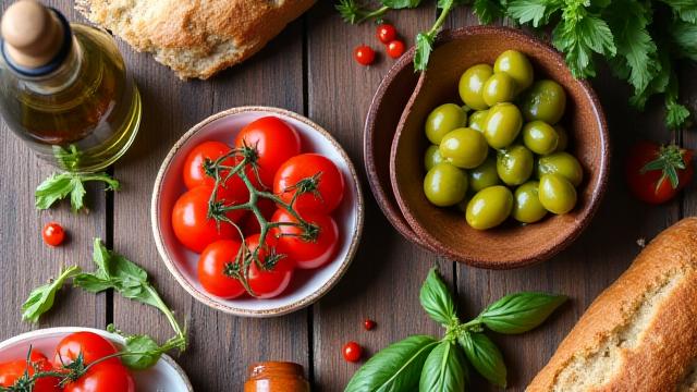 Tavola imbandita con piatti della dieta mediterranea: olive, pomodori, pane, olio