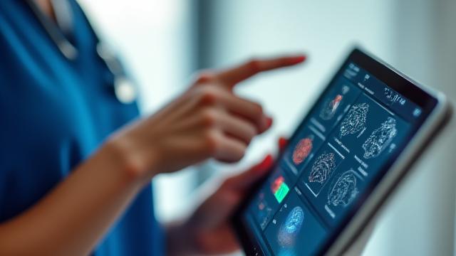 Primo piano di un medico che esamina i risultati di un paziente su un tablet