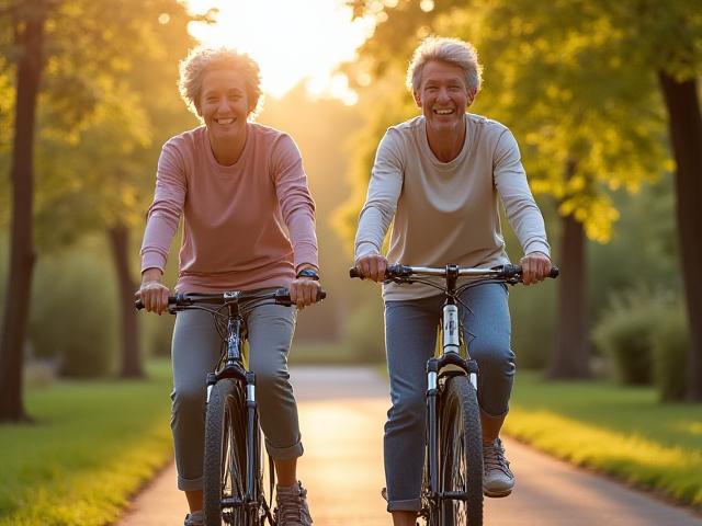 Coppia felice di mezza età in bicicletta in un parco verde, simbolo di salute e attività fisica