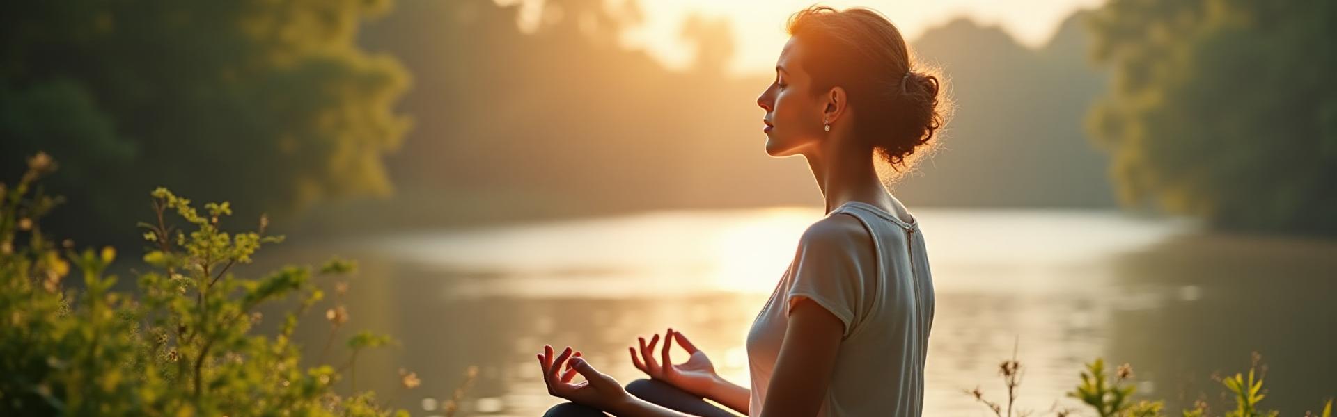 Donna adulta serena che medita in un ambiente calmo e naturale, trasmettendo pace