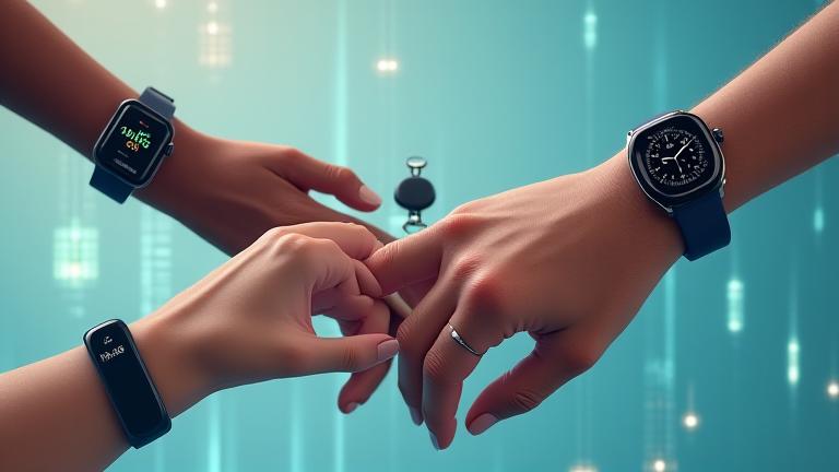 Un collage di smartwatch, anelli intelligenti e fasce fitness con dati biometrici stilizzati sullo sfondo
