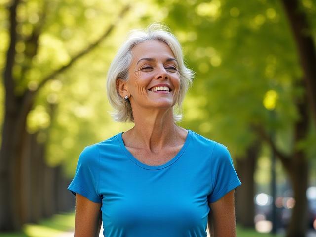 Donna che cammina in un parco cittadino con espressione serena, concentrata sulla natura intorno a lei.