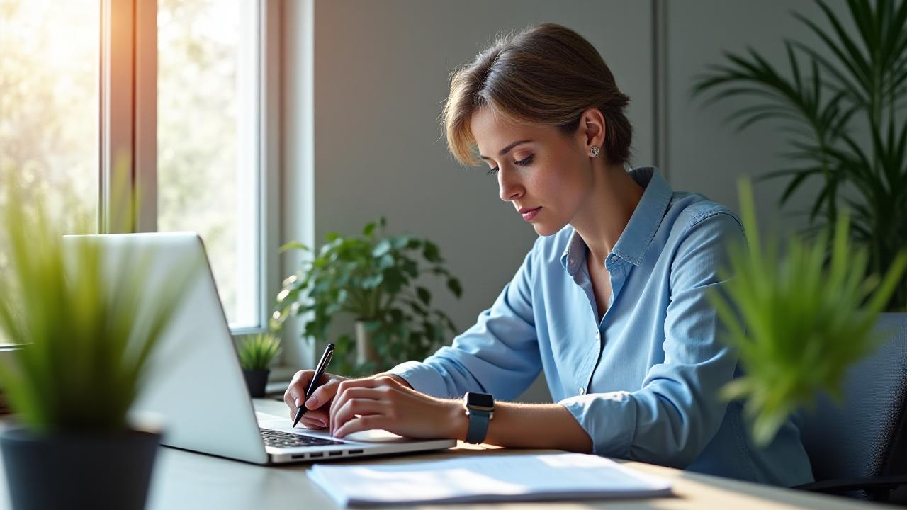 Professionista adulto concentrato e sereno nel suo ufficio moderno con piante e luce naturale.